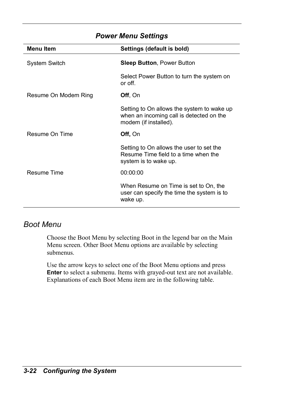 Boot menu, Power menu settings | NEC 2000 User Manual | Page 58 / 137