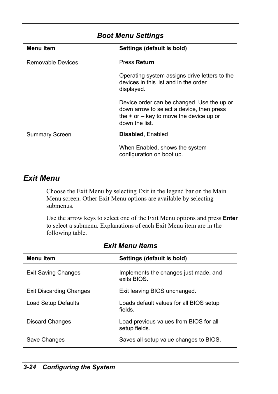 Exit menu, Boot menu settings, Exit menu items | NEC 2000 User Manual | Page 60 / 137