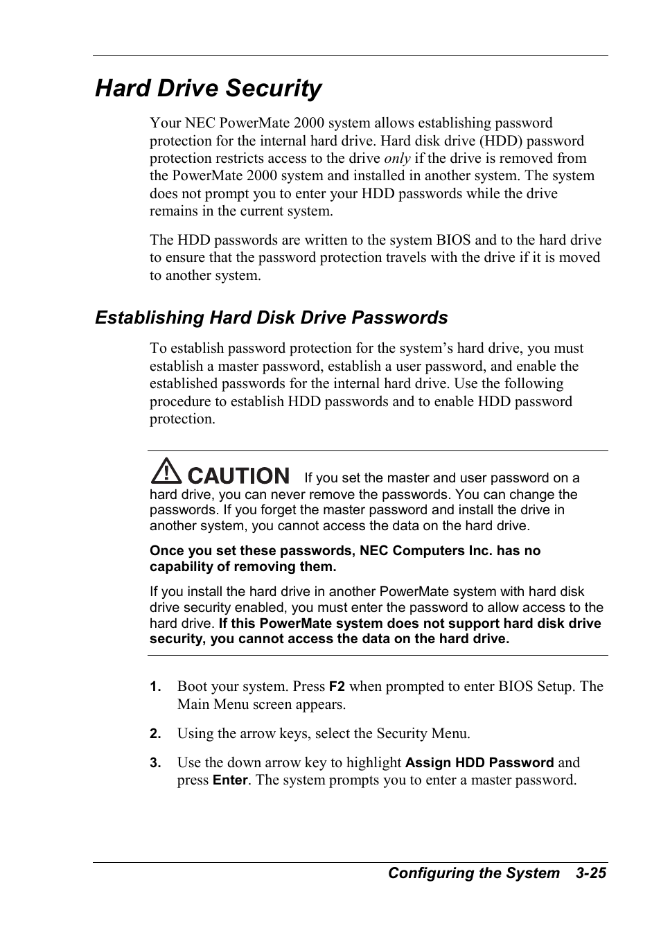 Hard drive security, Establishing hard disk drive passwords | NEC 2000 User Manual | Page 61 / 137