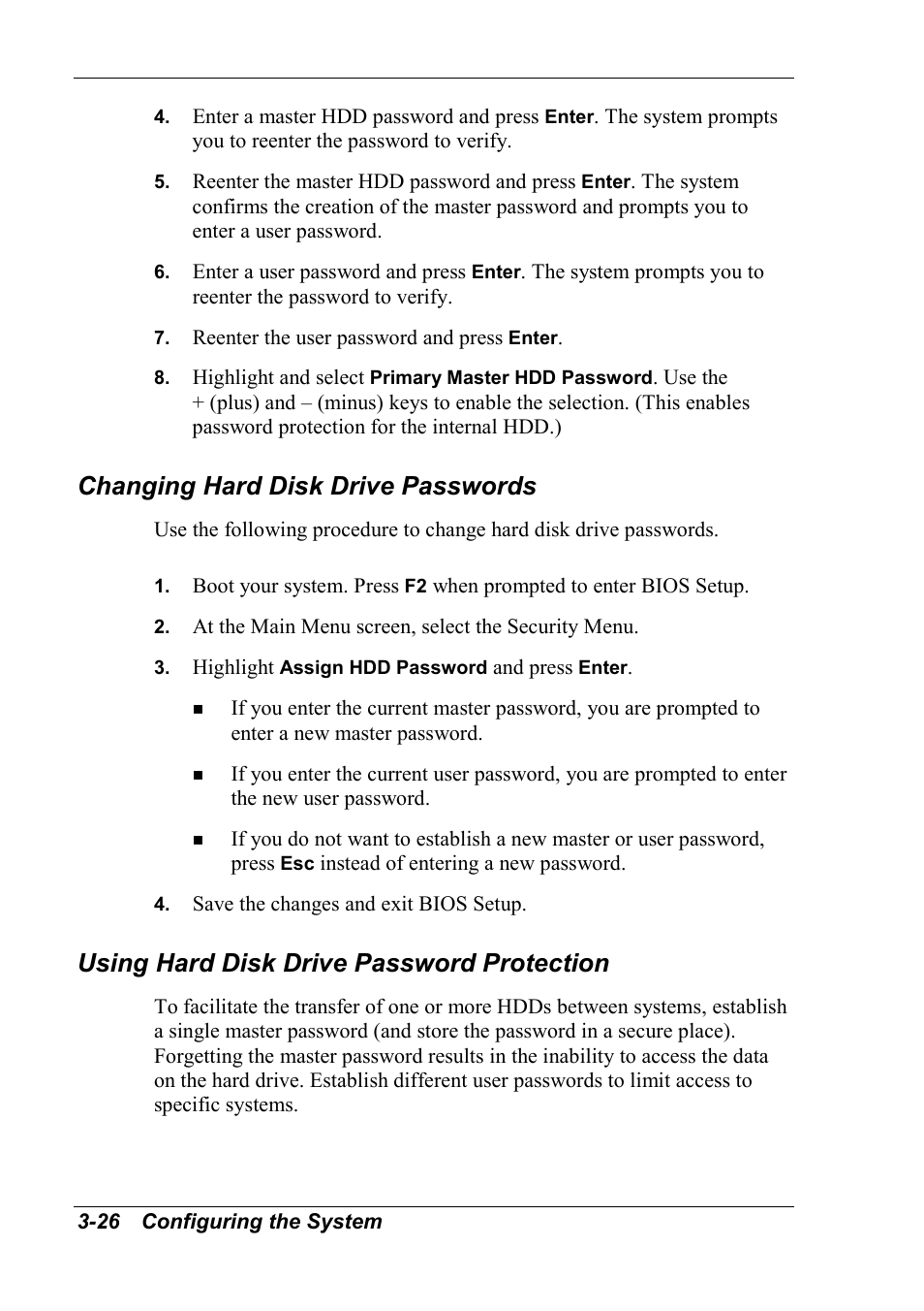 Changing hard disk drive passwords, Using hard disk drive password protection | NEC 2000 User Manual | Page 62 / 137