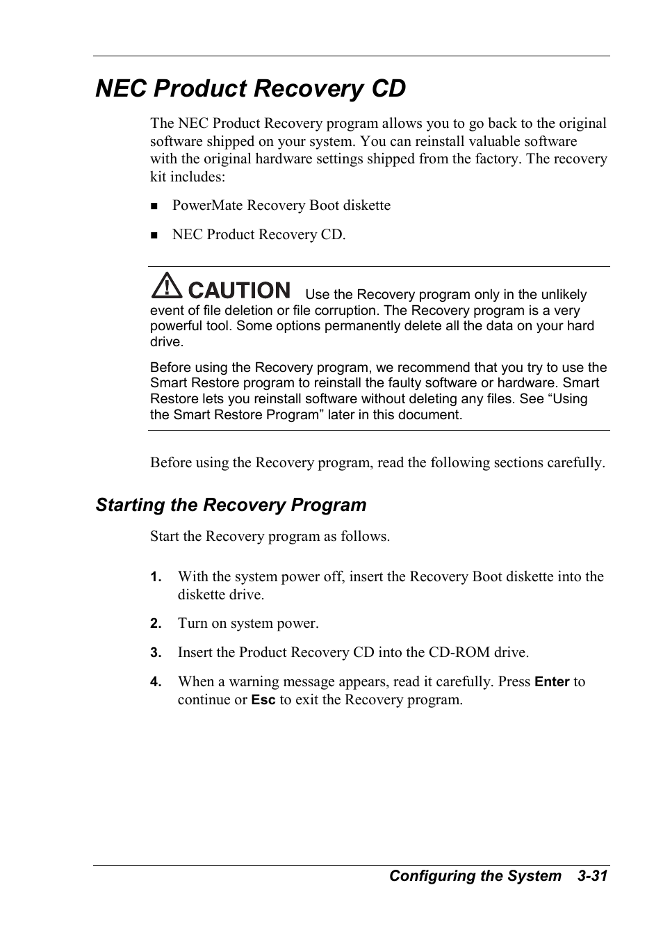 Nec product recovery cd, Starting the recovery program | NEC 2000 User Manual | Page 67 / 137