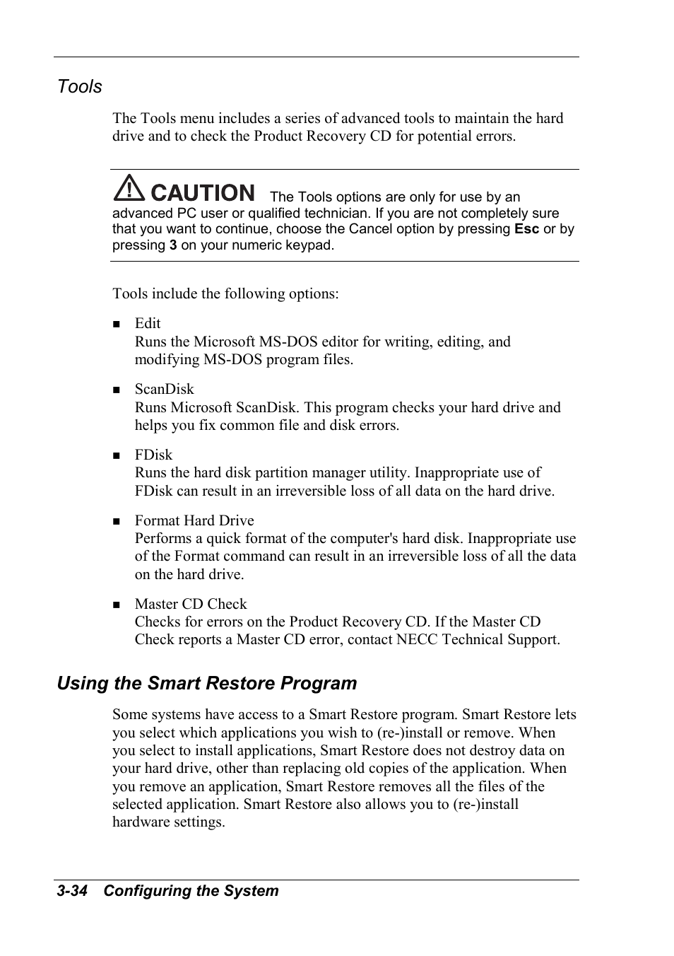Tools, Using the smart restore program | NEC 2000 User Manual | Page 70 / 137