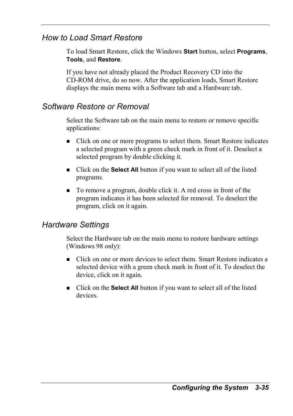 How to load smart restore, Software restore or removal, Hardware settings | NEC 2000 User Manual | Page 71 / 137