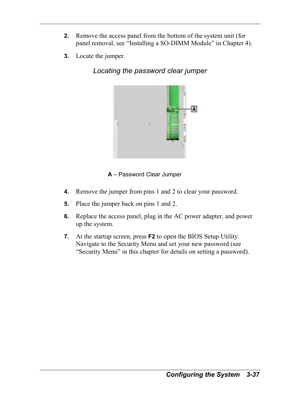 Locating the password clear jumper | NEC 2000 User Manual | Page 73 / 137