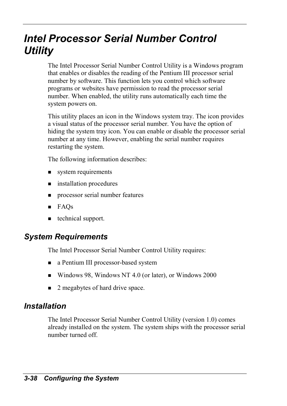 Intel processor serial number control utility, System requirements, Installation | NEC 2000 User Manual | Page 74 / 137