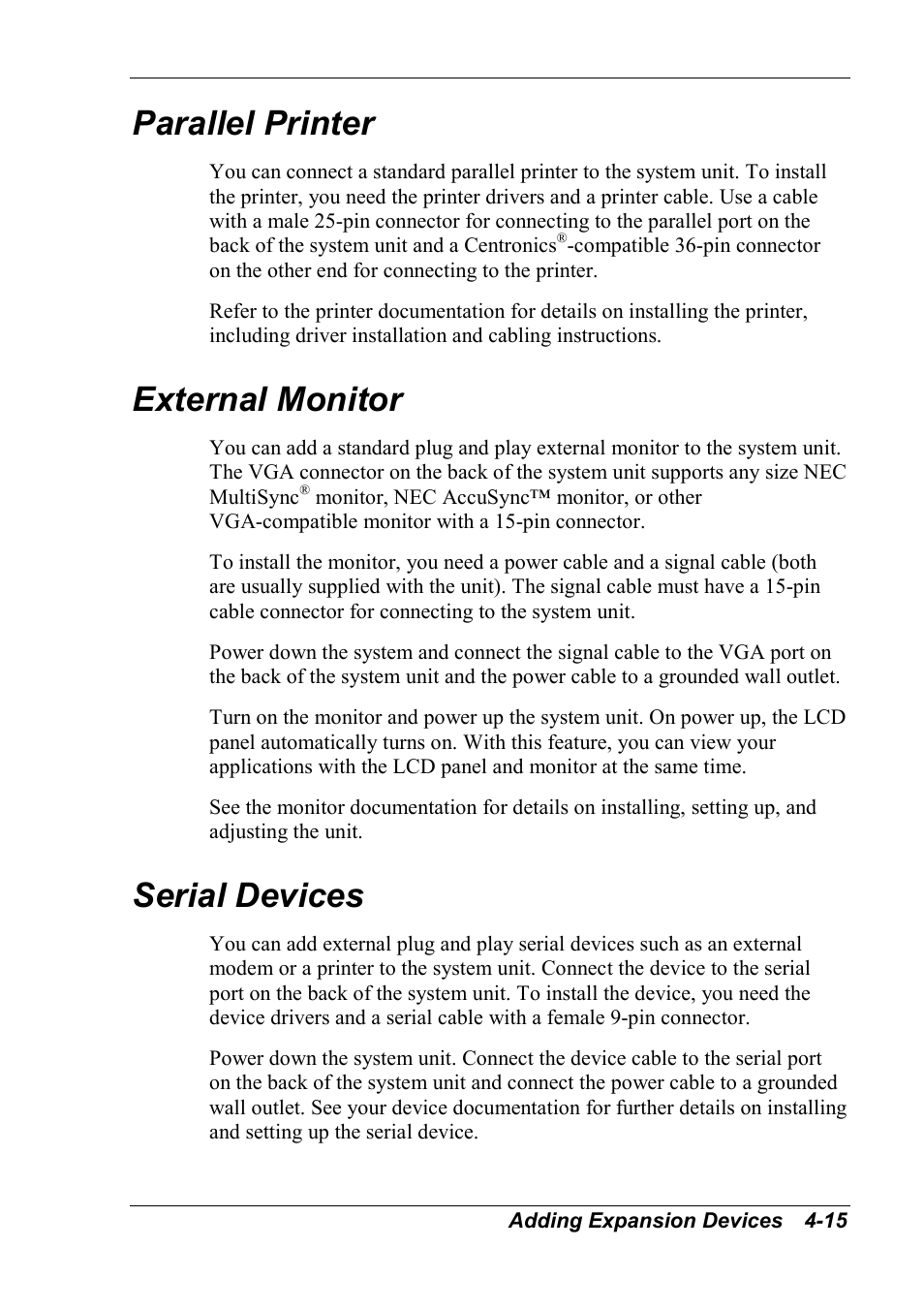 Parallel printer, External monitor, Serial devices | NEC 2000 User Manual | Page 91 / 137