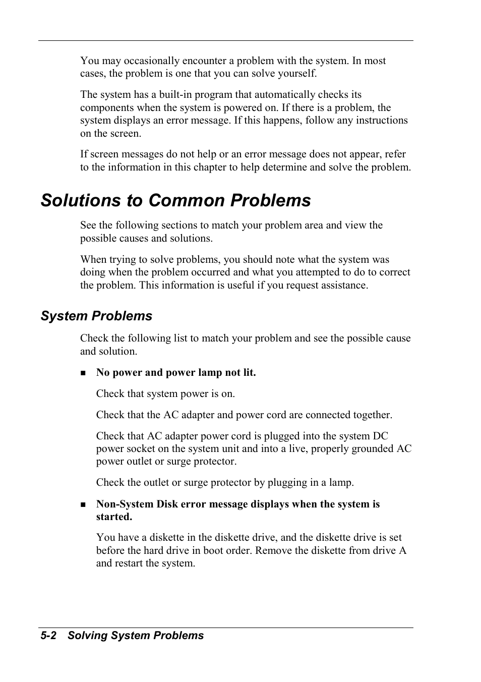 Solutions to common problems, System problems | NEC 2000 User Manual | Page 93 / 137