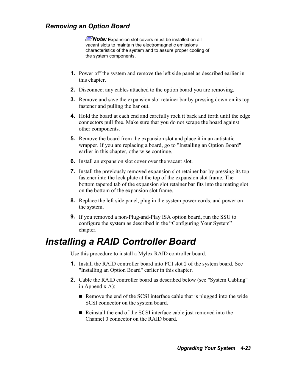 Removing an option board, Installing a raid controller board | NEC MC2400 User Manual | Page 105 / 204