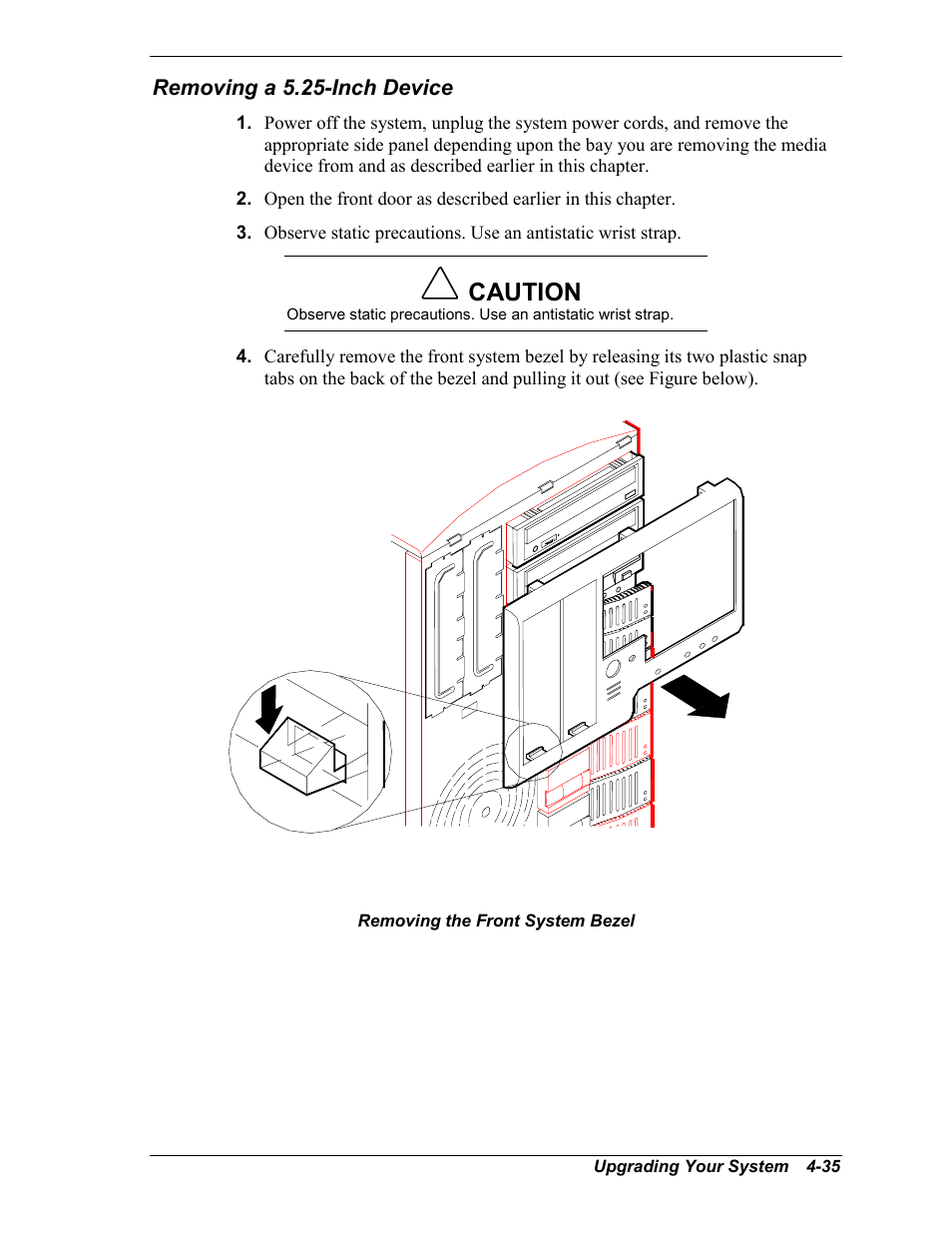 Removing a 5.25-inch device, Caution | NEC MC2400 User Manual | Page 117 / 204