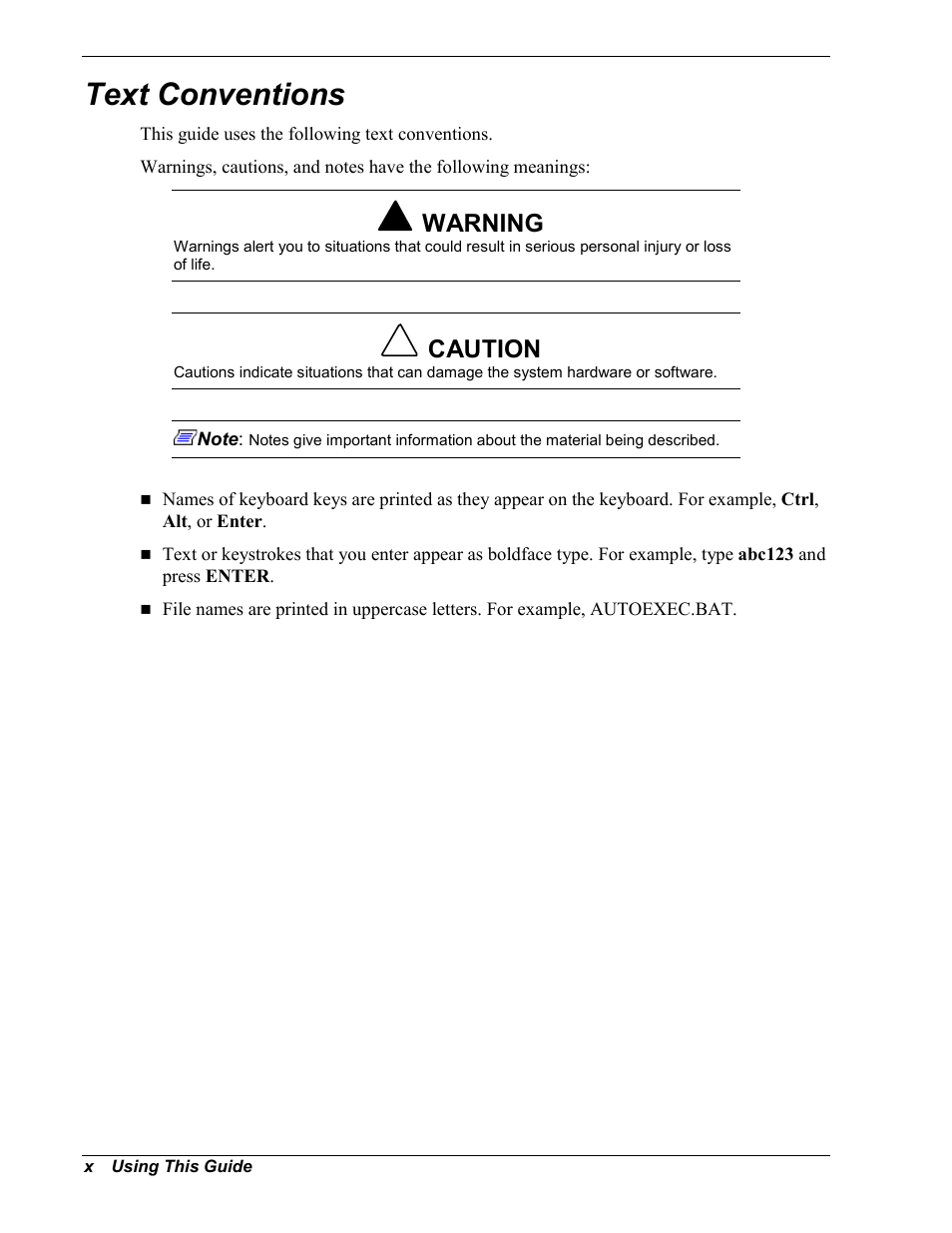 Text conventions, Warning, Caution | NEC MC2400 User Manual | Page 12 / 204