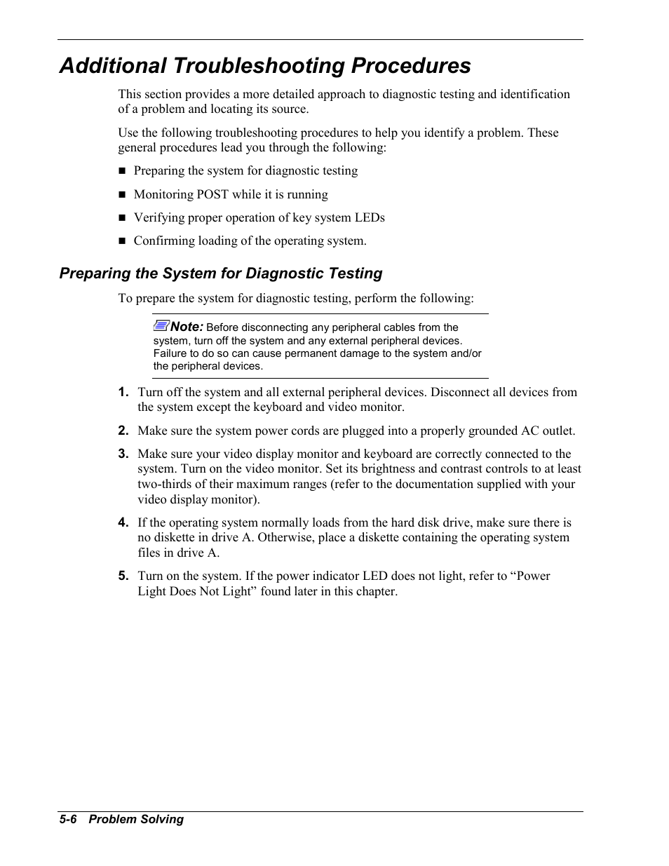 Additional troubleshooting procedures, Preparing the system for diagnostic testing | NEC MC2400 User Manual | Page 126 / 204