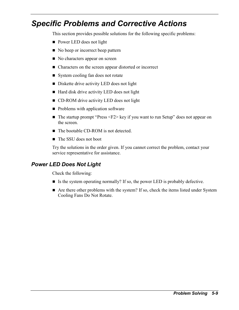 Specific problems and corrective actions, Power led does not light | NEC MC2400 User Manual | Page 129 / 204