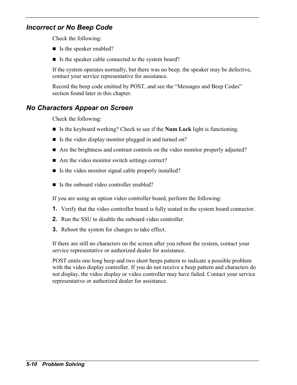 Incorrect or no beep code, No characters appear on screen | NEC MC2400 User Manual | Page 130 / 204