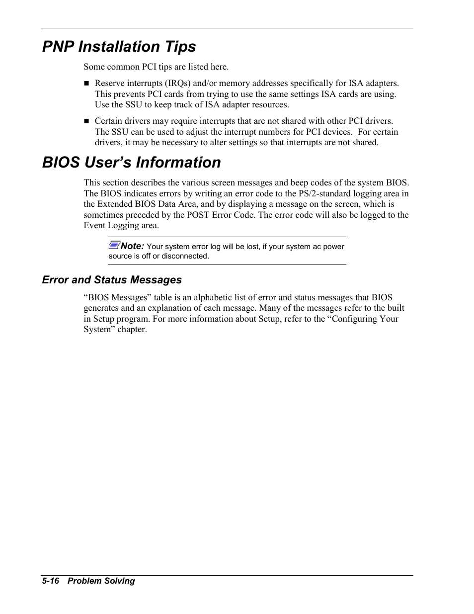 Pnp installation tips, Bios user’s information, Error and status messages | NEC MC2400 User Manual | Page 136 / 204