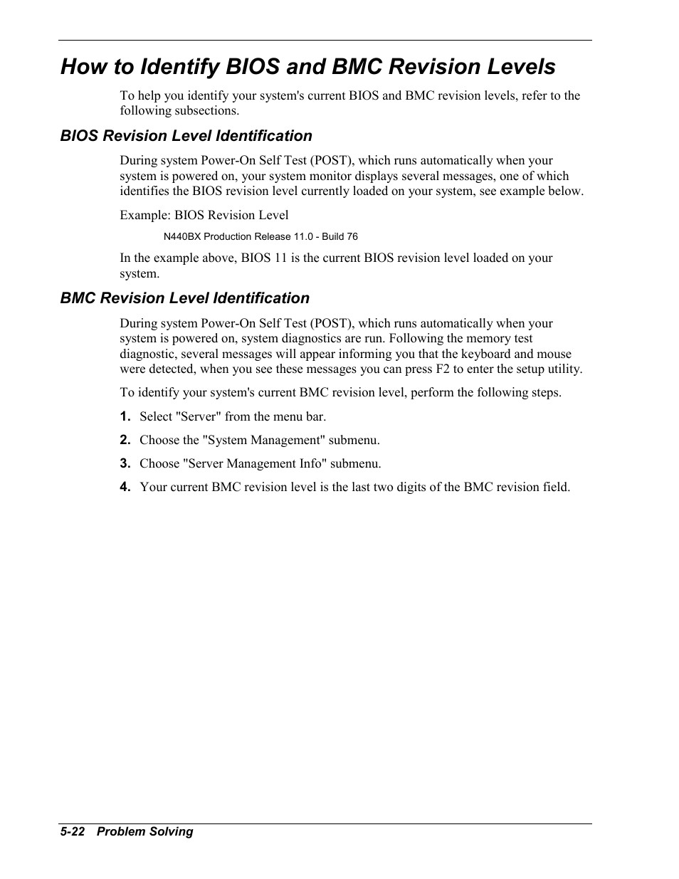 How to identify bios and bmc revision levels, Bios revision level identification, Bmc revision level identification | NEC MC2400 User Manual | Page 142 / 204