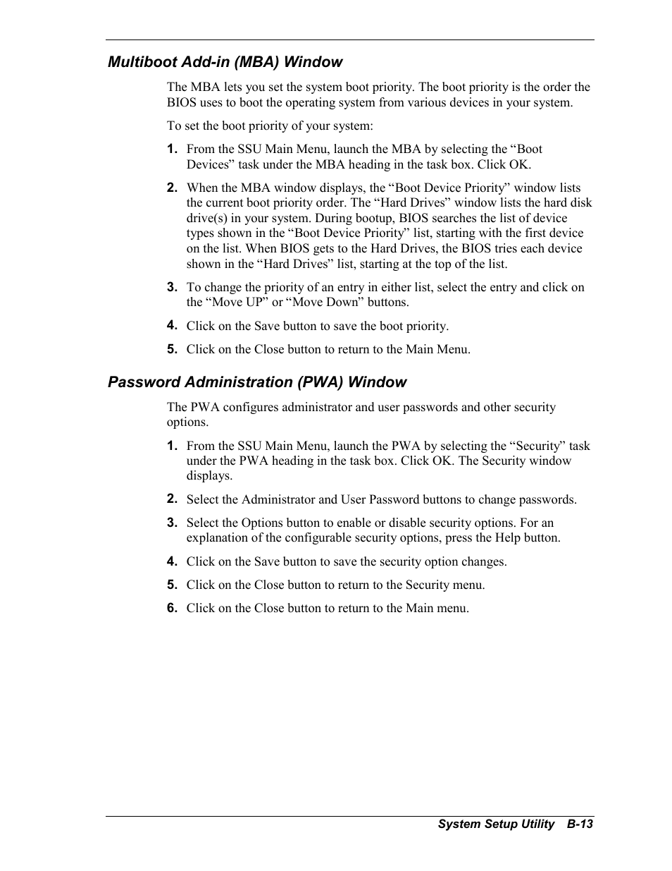 Multiboot add-in (mba) window, Password administration (pwa) window | NEC MC2400 User Manual | Page 163 / 204