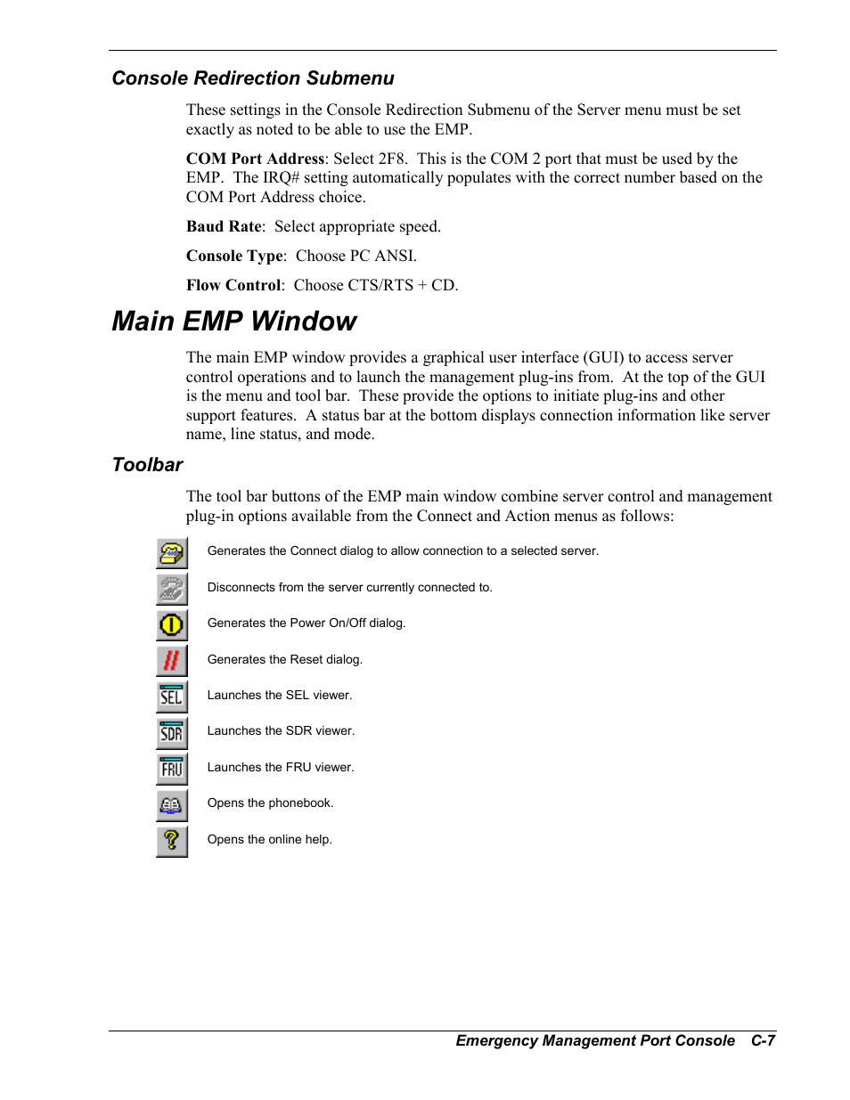 Console redirection submenu, Main emp window, Toolbar | NEC MC2400 User Manual | Page 173 / 204