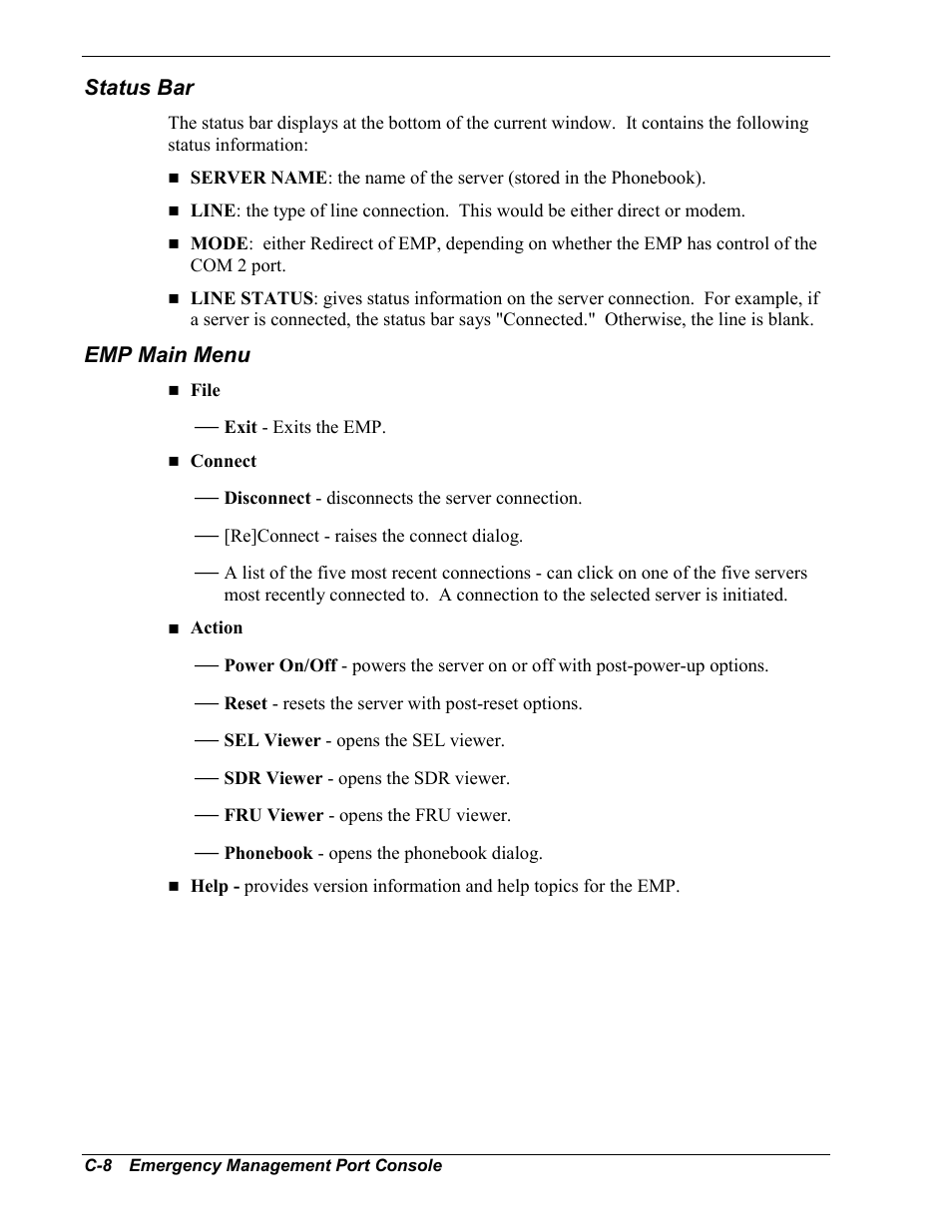 Status bar, Emp main menu | NEC MC2400 User Manual | Page 174 / 204