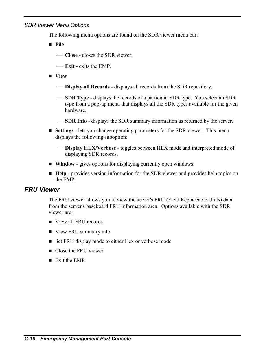Sdr viewer menu options, Fru viewer | NEC MC2400 User Manual | Page 184 / 204
