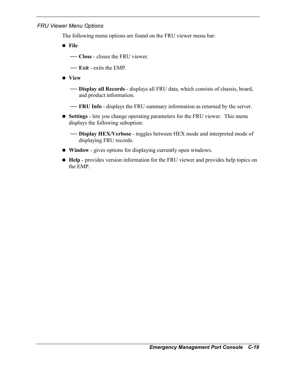 Fru viewer menu options | NEC MC2400 User Manual | Page 185 / 204