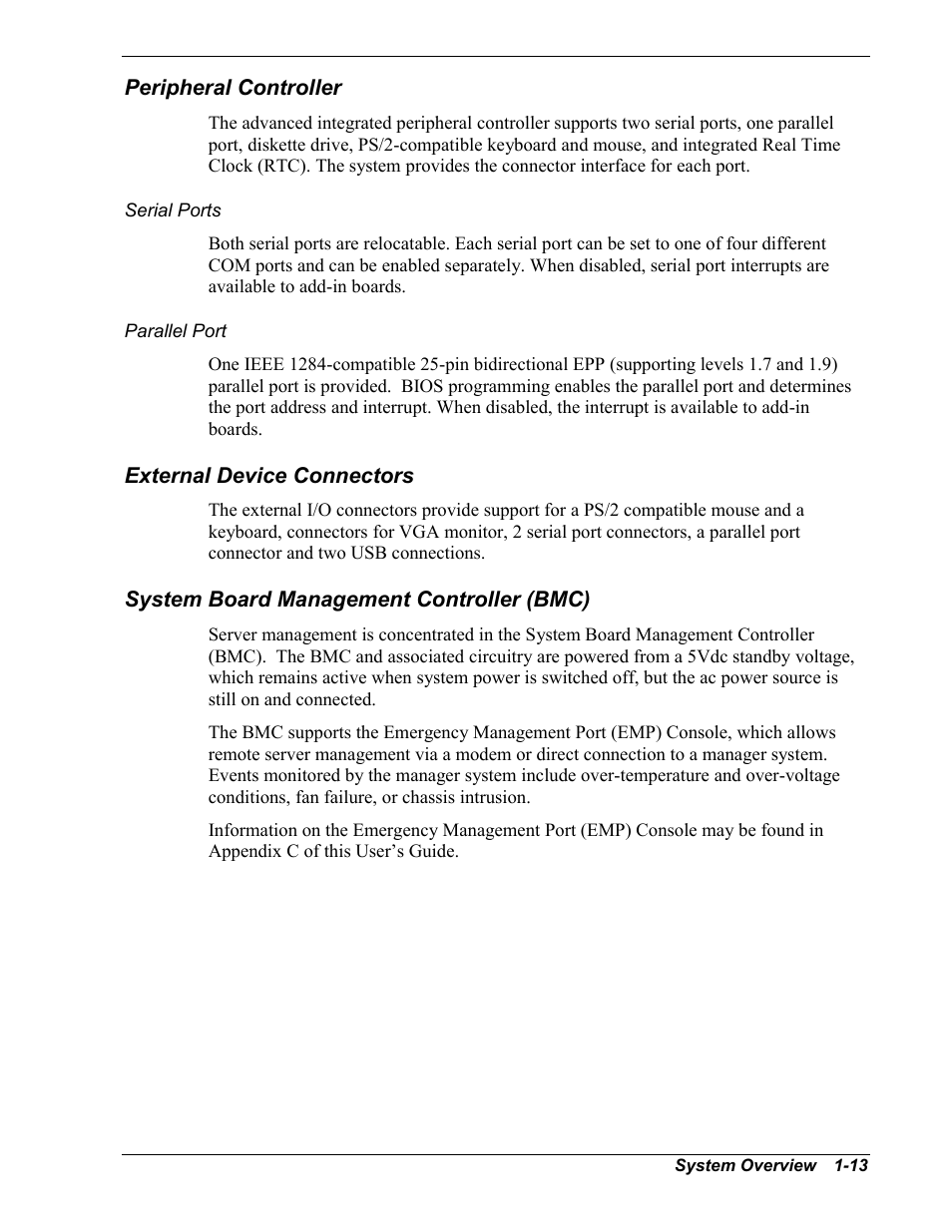 Peripheral controller, Serial ports, Parallel port | External device connectors, System board management controller (bmc) | NEC MC2400 User Manual | Page 29 / 204