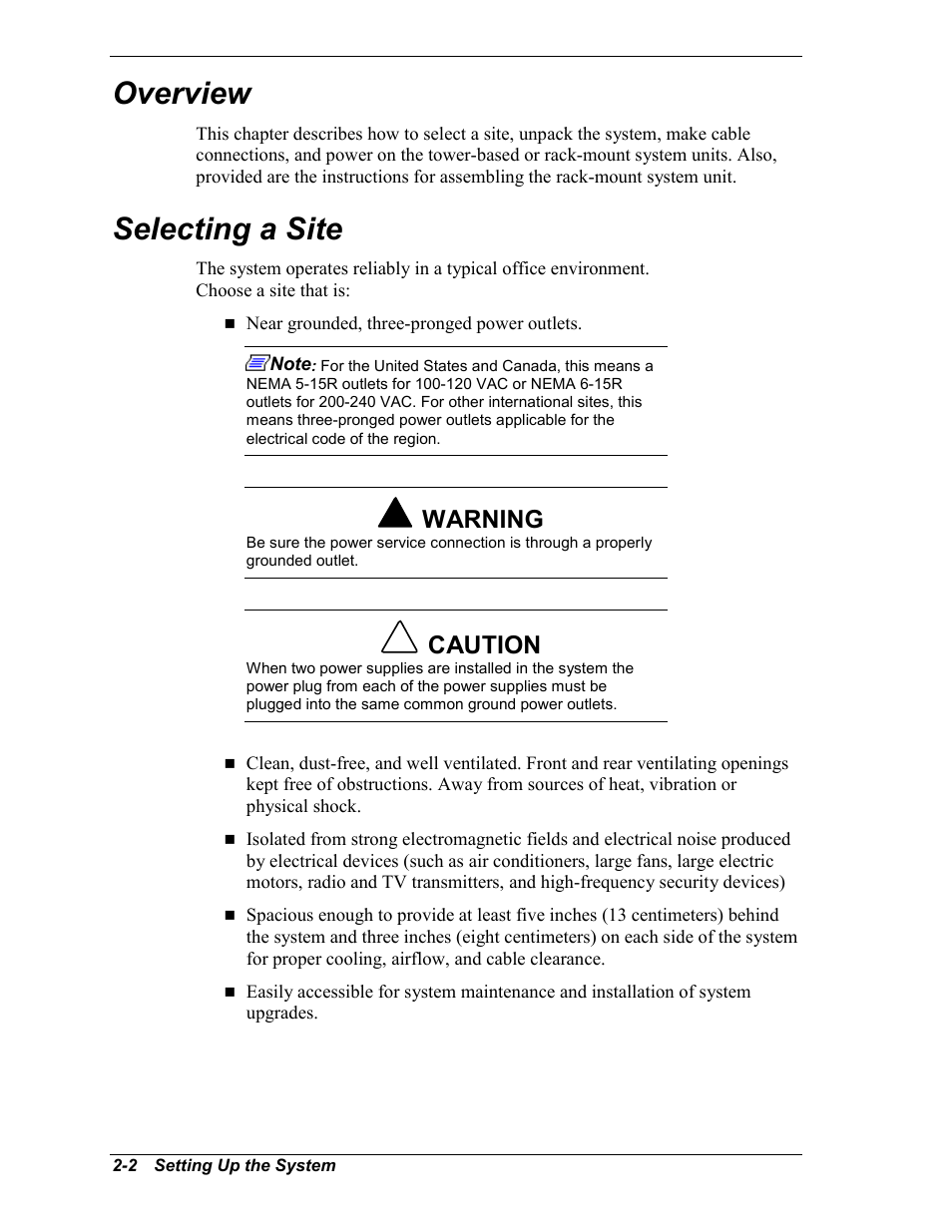 Overview, Selecting a site, Warning | Caution | NEC MC2400 User Manual | Page 34 / 204