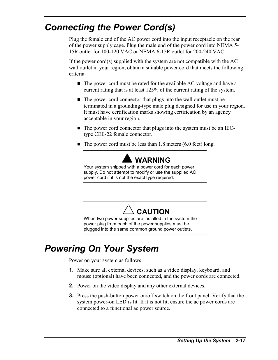 Connecting the power cord(s), Powering on your system, Warning | Caution | NEC MC2400 User Manual | Page 49 / 204