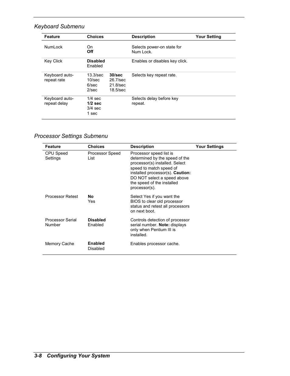 Keyboard submenu, Processor settings submenu | NEC MC2400 User Manual | Page 58 / 204