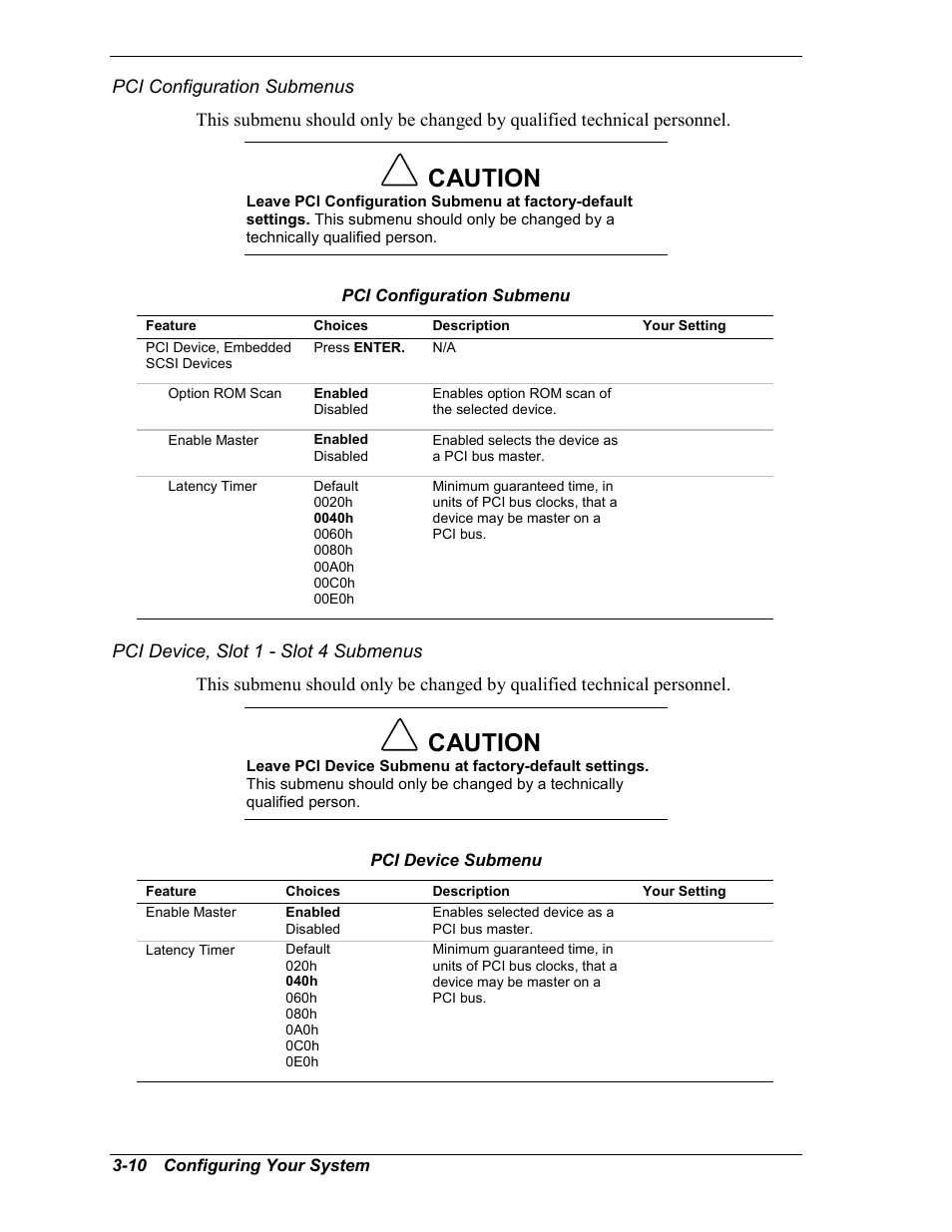 Pci configuration submenus, Pci device, slot 1 - slot 4 submenus, Caution | NEC MC2400 User Manual | Page 60 / 204