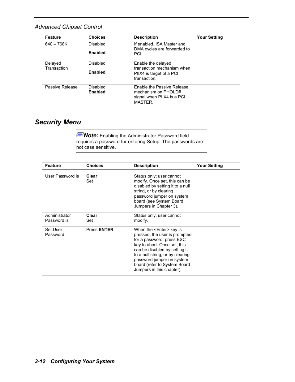 Advanced chipset control, Security menu | NEC MC2400 User Manual | Page 62 / 204