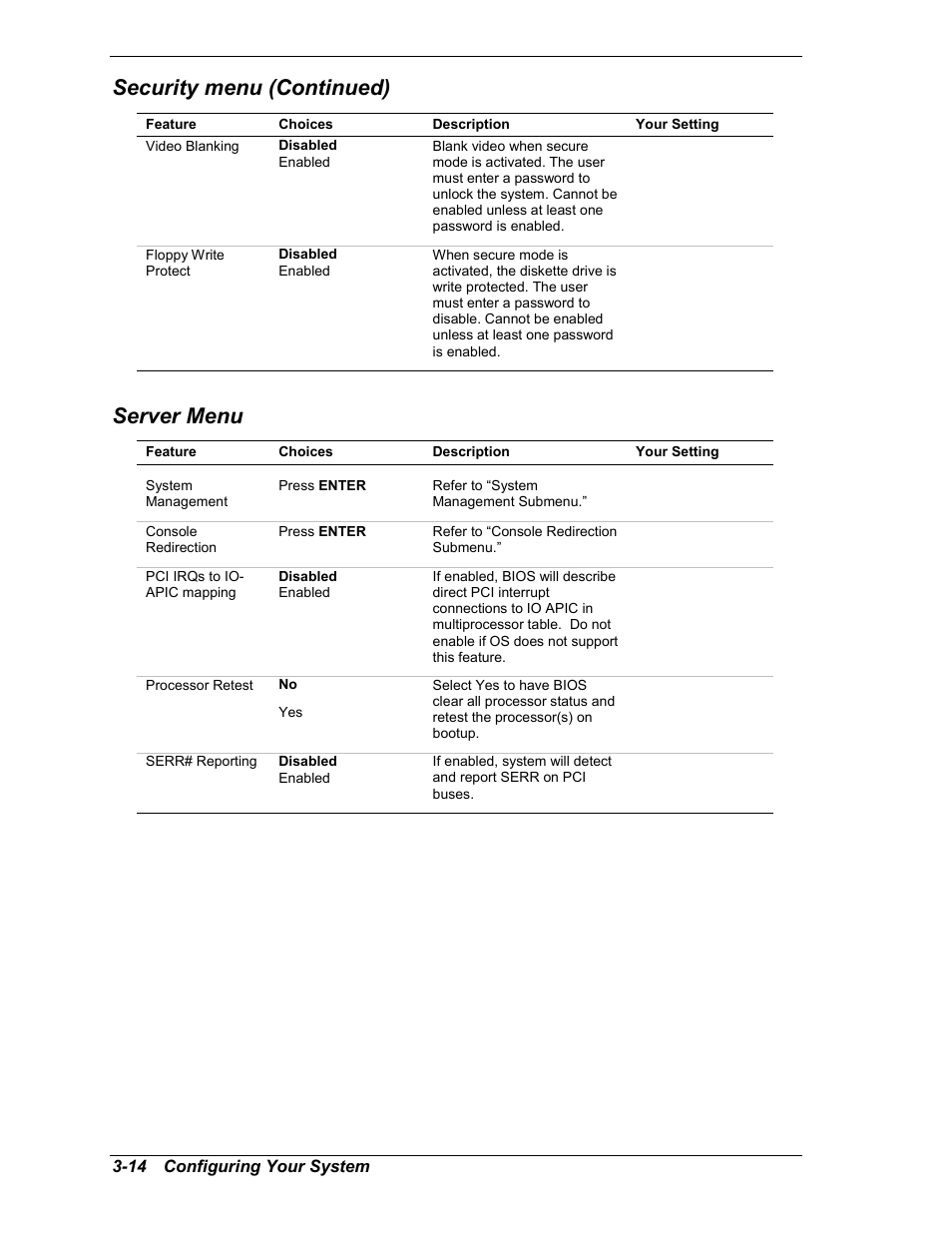 Security menu (continued), Server menu | NEC MC2400 User Manual | Page 64 / 204