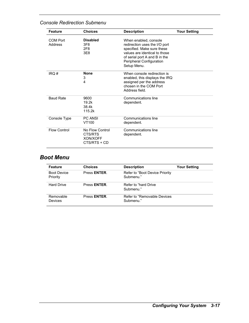 Console redirection submenu, Boot menu | NEC MC2400 User Manual | Page 67 / 204