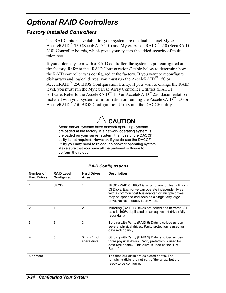 Optional raid controllers, Factory installed controllers, Caution | NEC MC2400 User Manual | Page 74 / 204
