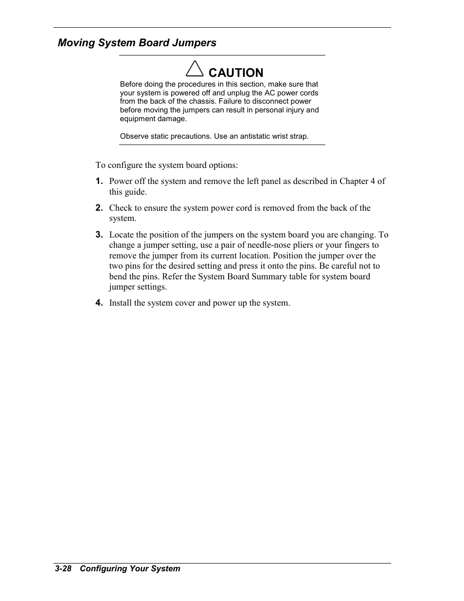 Moving system board jumpers, Caution | NEC MC2400 User Manual | Page 78 / 204