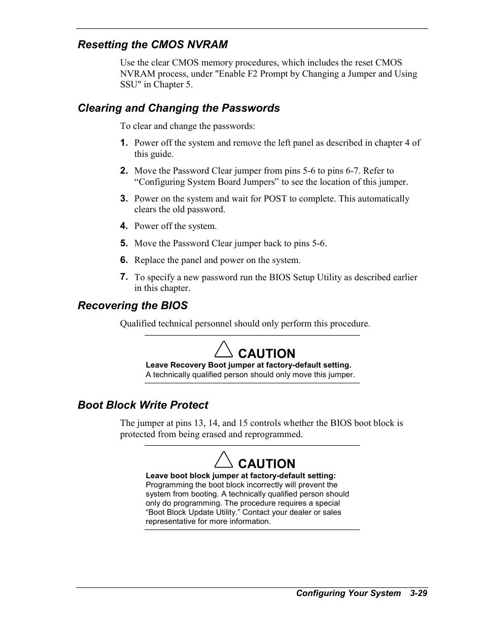 Resetting the cmos nvram, Clearing and changing the passwords, Recovering the bios | Boot block write protect, Caution | NEC MC2400 User Manual | Page 79 / 204