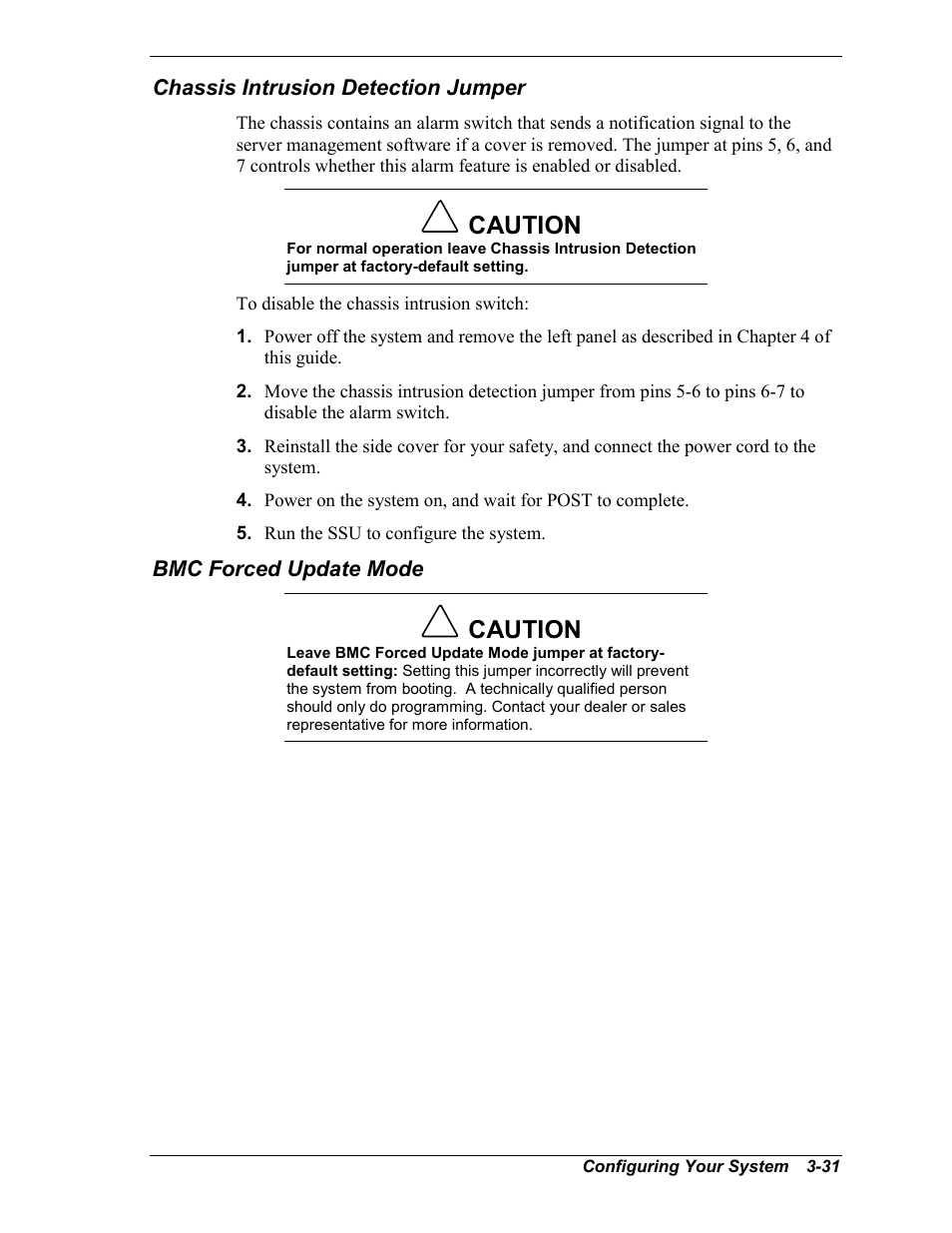 Chassis intrusion detection jumper, Bmc forced update mode, Caution | NEC MC2400 User Manual | Page 81 / 204