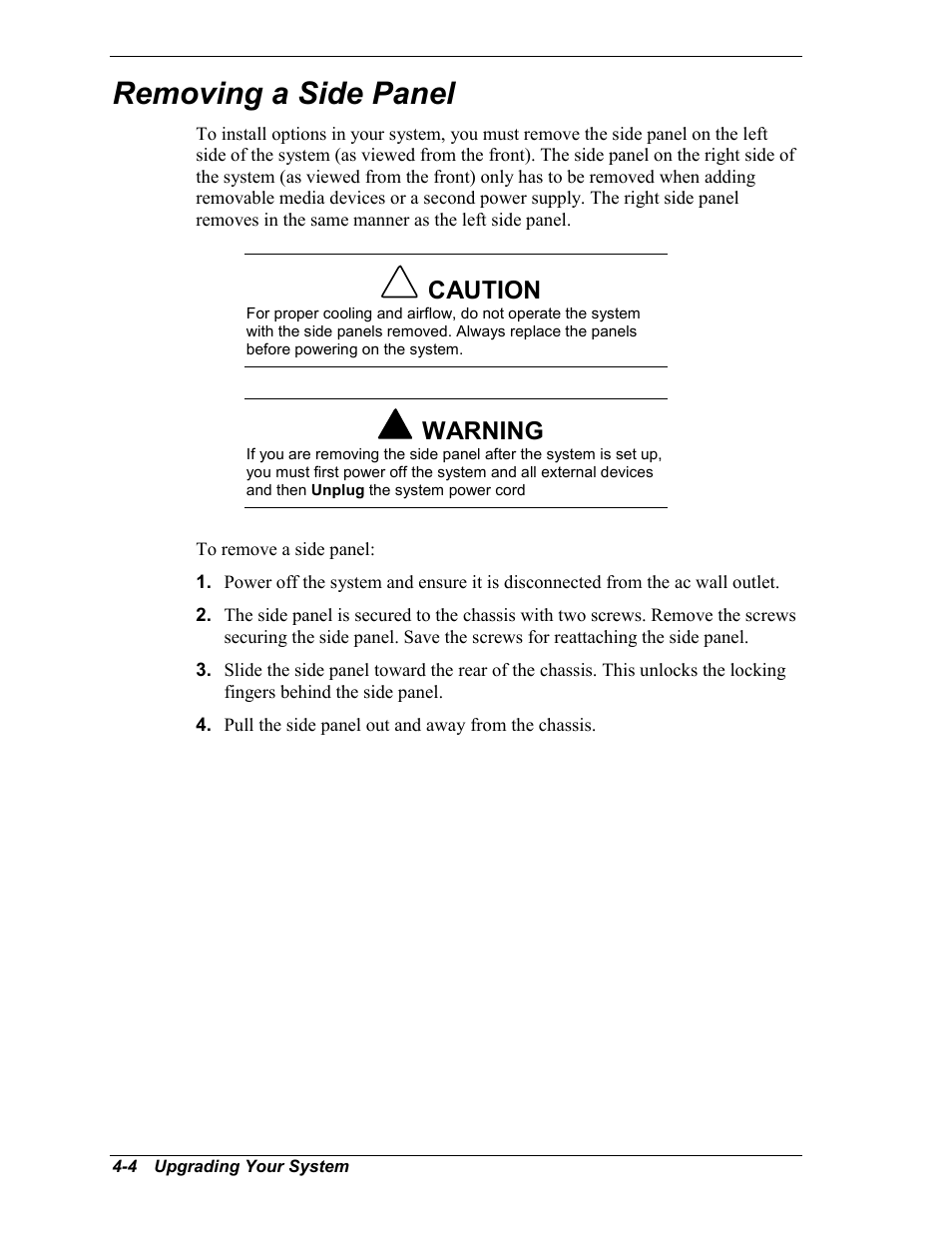 Removing a side panel, Caution, Warning | NEC MC2400 User Manual | Page 86 / 204