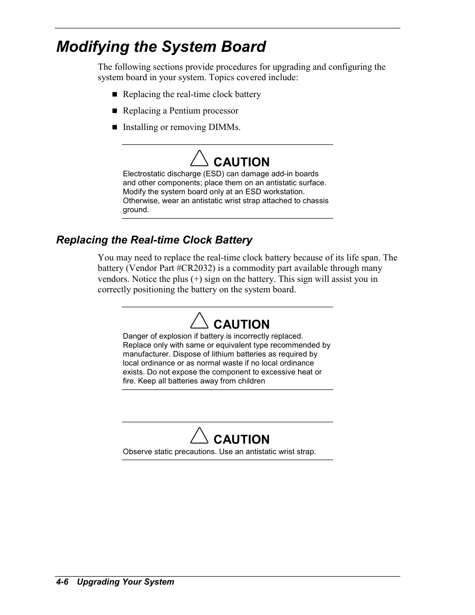 Modifying the system board, Replacing the real-time clock battery, Caution | NEC MC2400 User Manual | Page 88 / 204