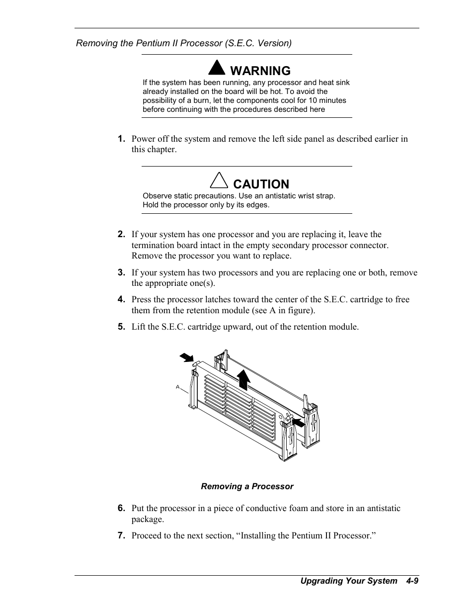 Removing the pentium ii processor (s.e.c. version), Warning, Caution | NEC MC2400 User Manual | Page 91 / 204