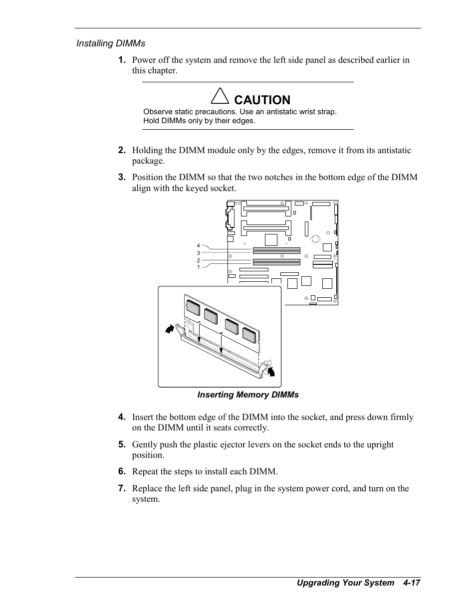 Installing dimms, Caution | NEC MC2400 User Manual | Page 99 / 204