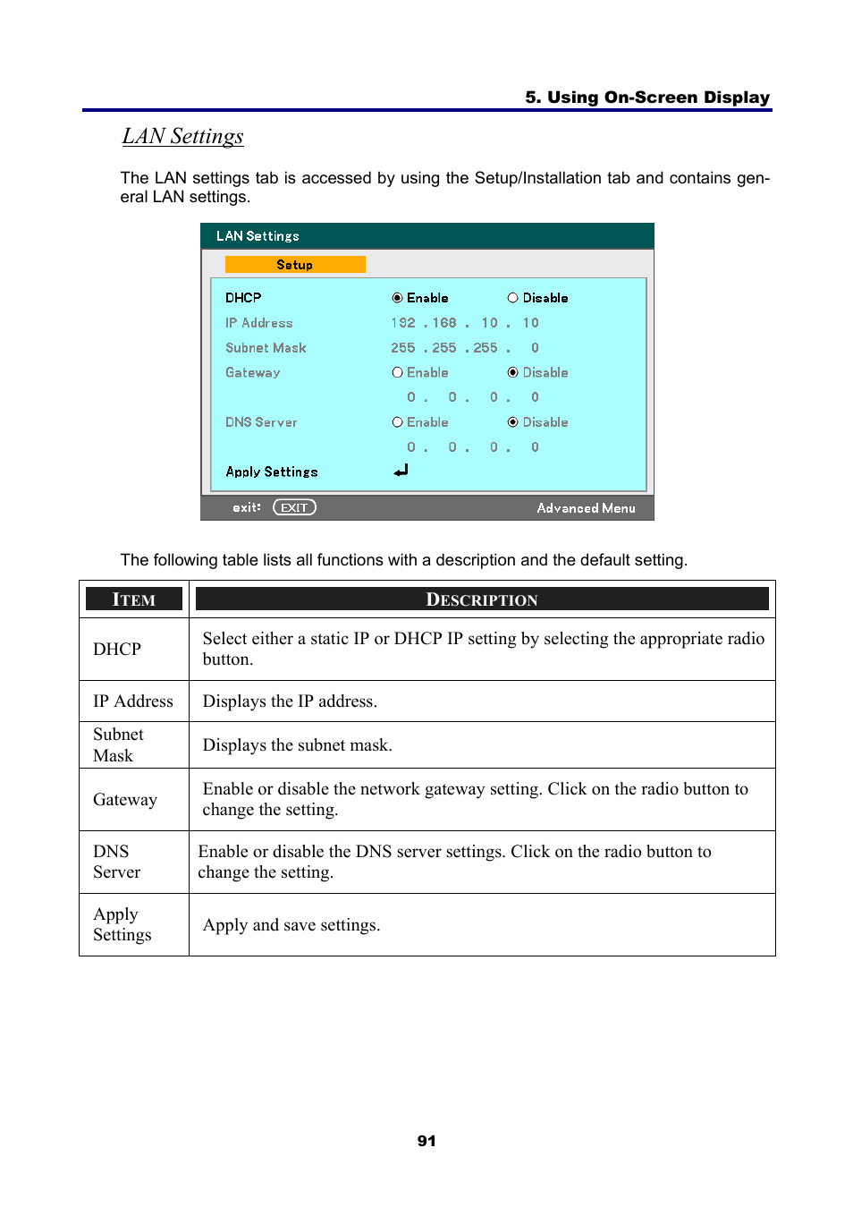 Lan settings, Lan settings o | NEC NP4001 User Manual | Page 103 / 151