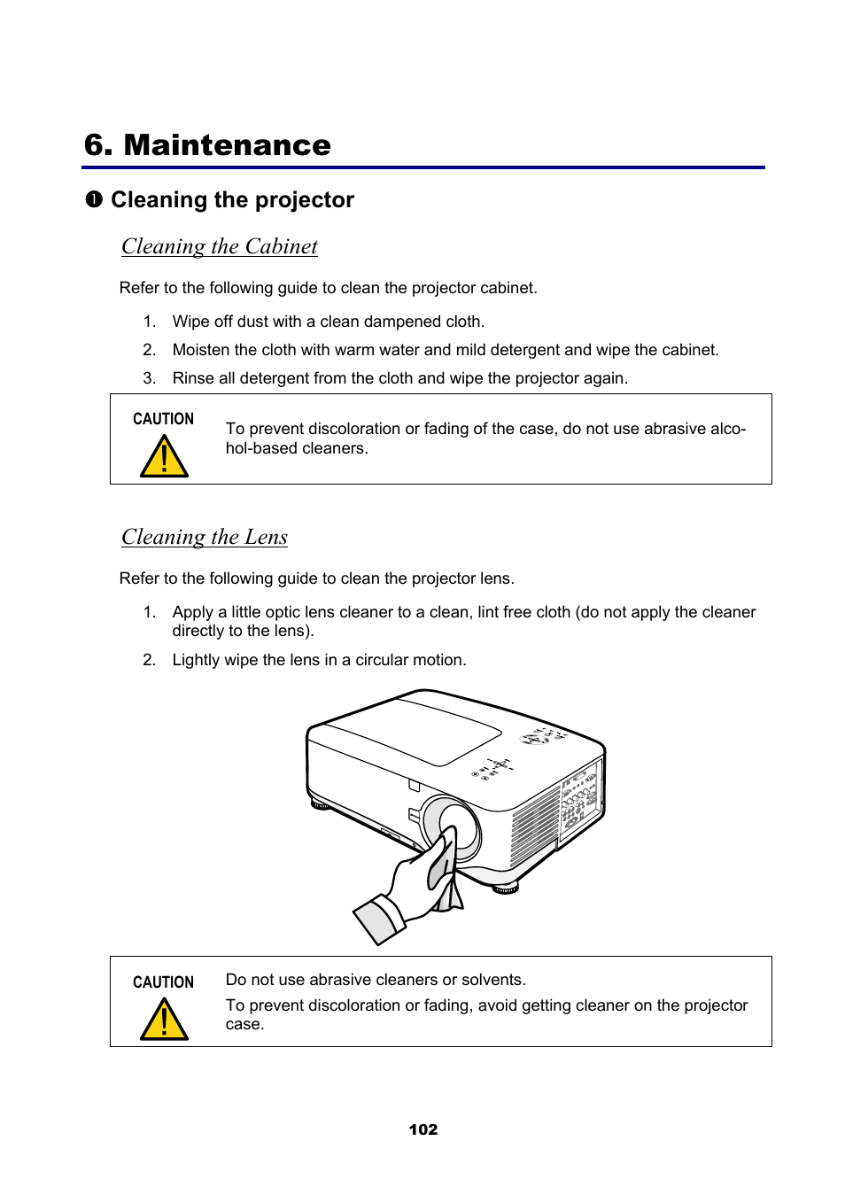 Maintenance, 1) cleaning the projector, Cleaning the cabinet | Cleaning the lens, Leaning the projector, Ncleaning the projector cleaning the cabinet | NEC NP4001 User Manual | Page 114 / 151