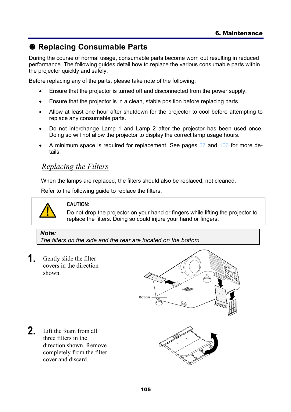 2) replacing consumable parts, Replacing the filters, Eplacing | Onsumable, Arts, Oreplacing consumable parts | NEC NP4001 User Manual | Page 117 / 151