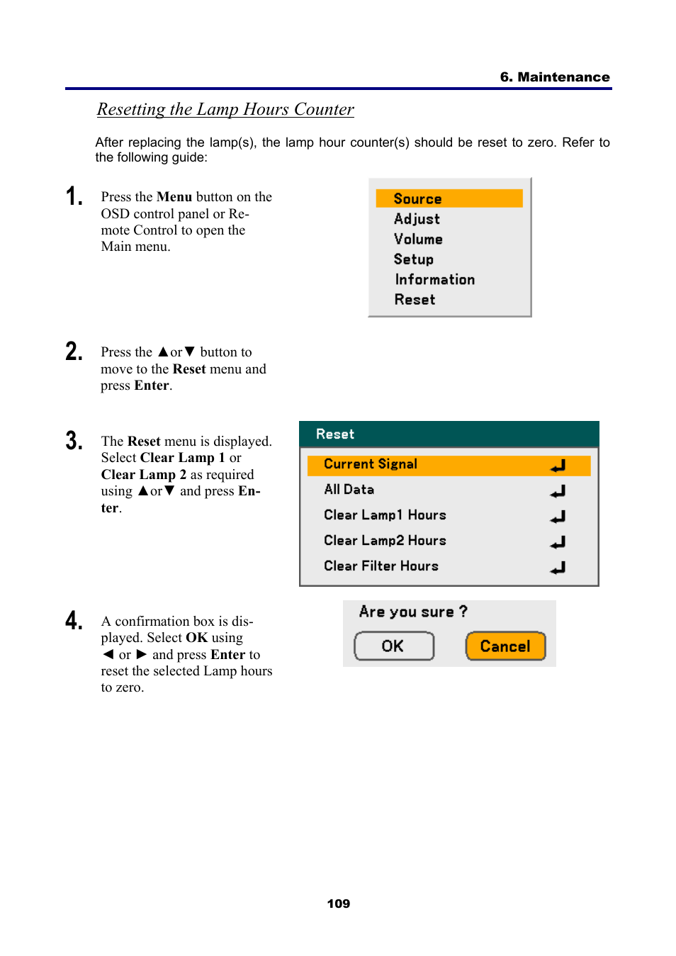 Resetting the lamp hours counter | NEC NP4001 User Manual | Page 121 / 151