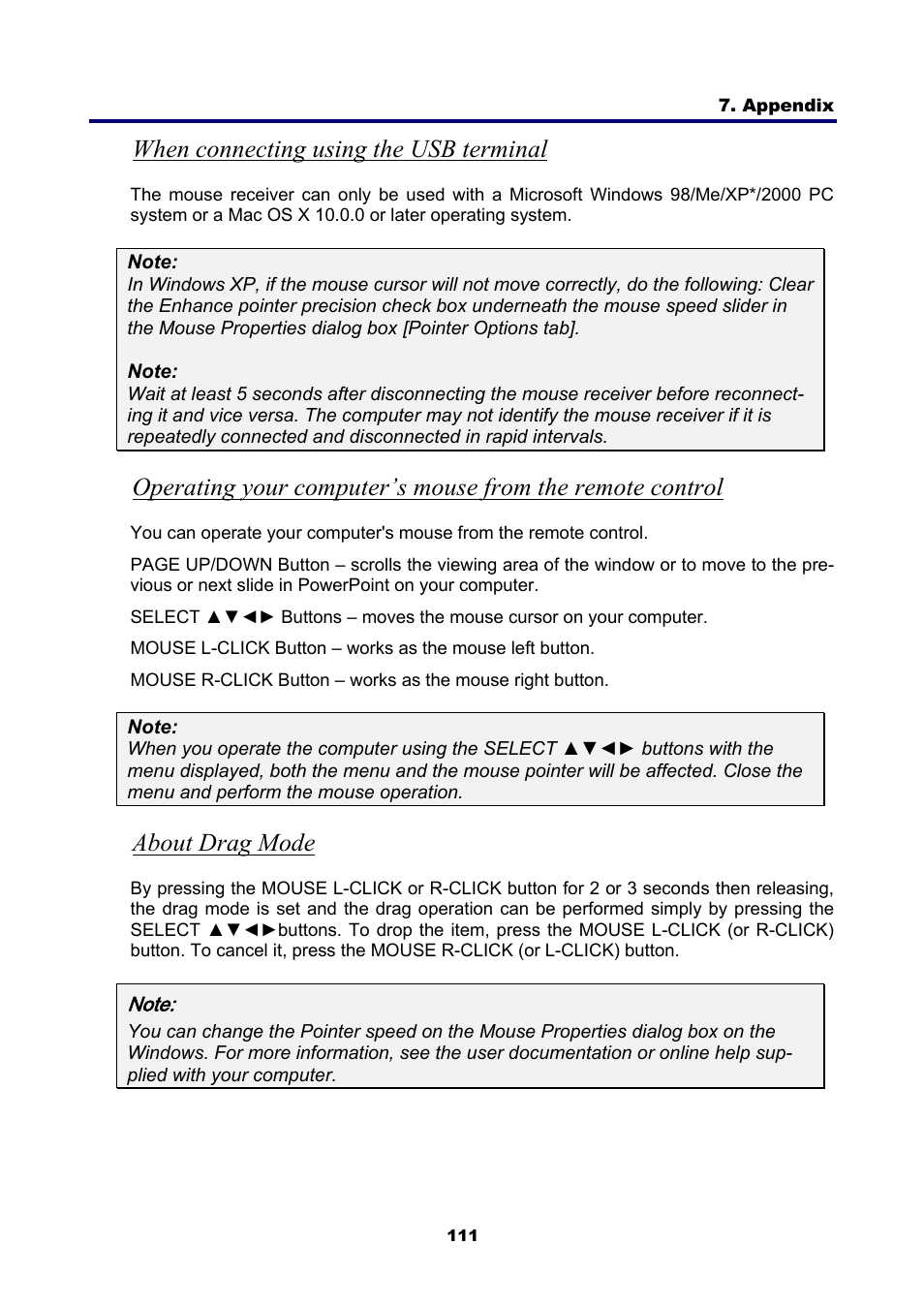 When connecting using the usb terminal, About drag mode | NEC NP4001 User Manual | Page 123 / 151