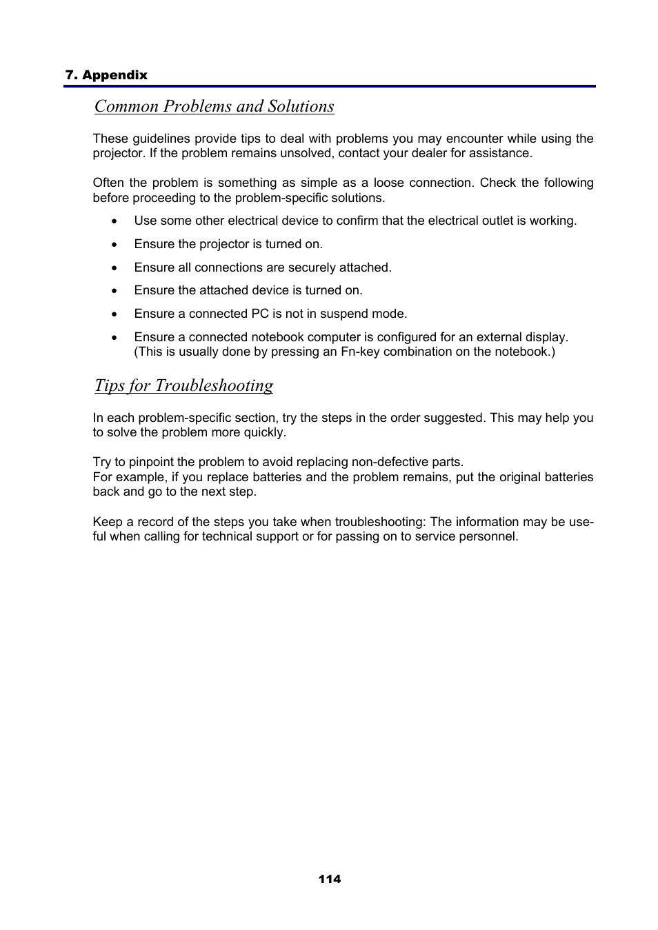 Common problems and solutions, Tips for troubleshooting | NEC NP4001 User Manual | Page 126 / 151