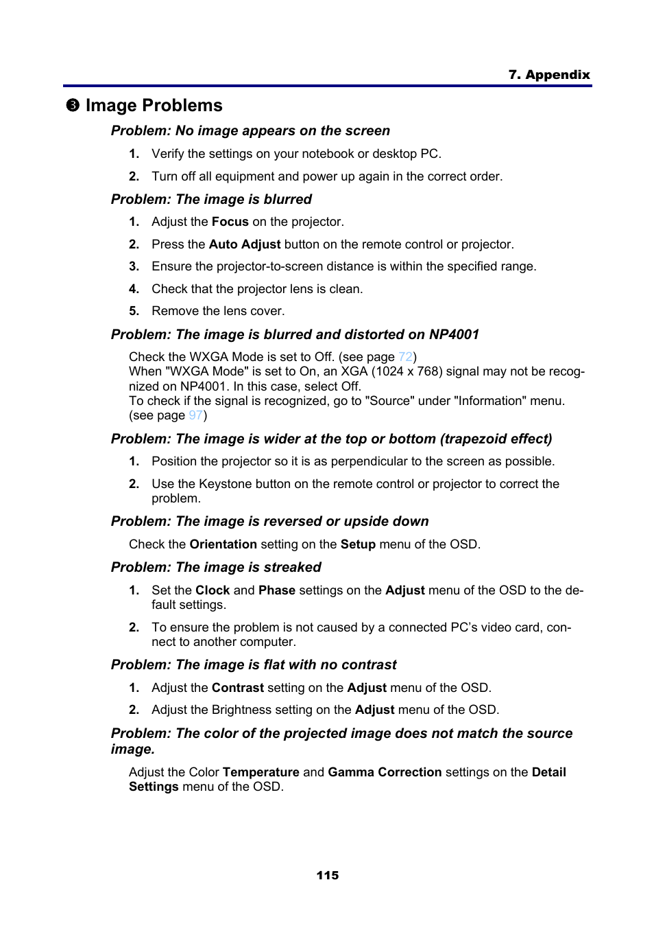 3) image problems, Mage, Roblems | Pimage problems | NEC NP4001 User Manual | Page 127 / 151