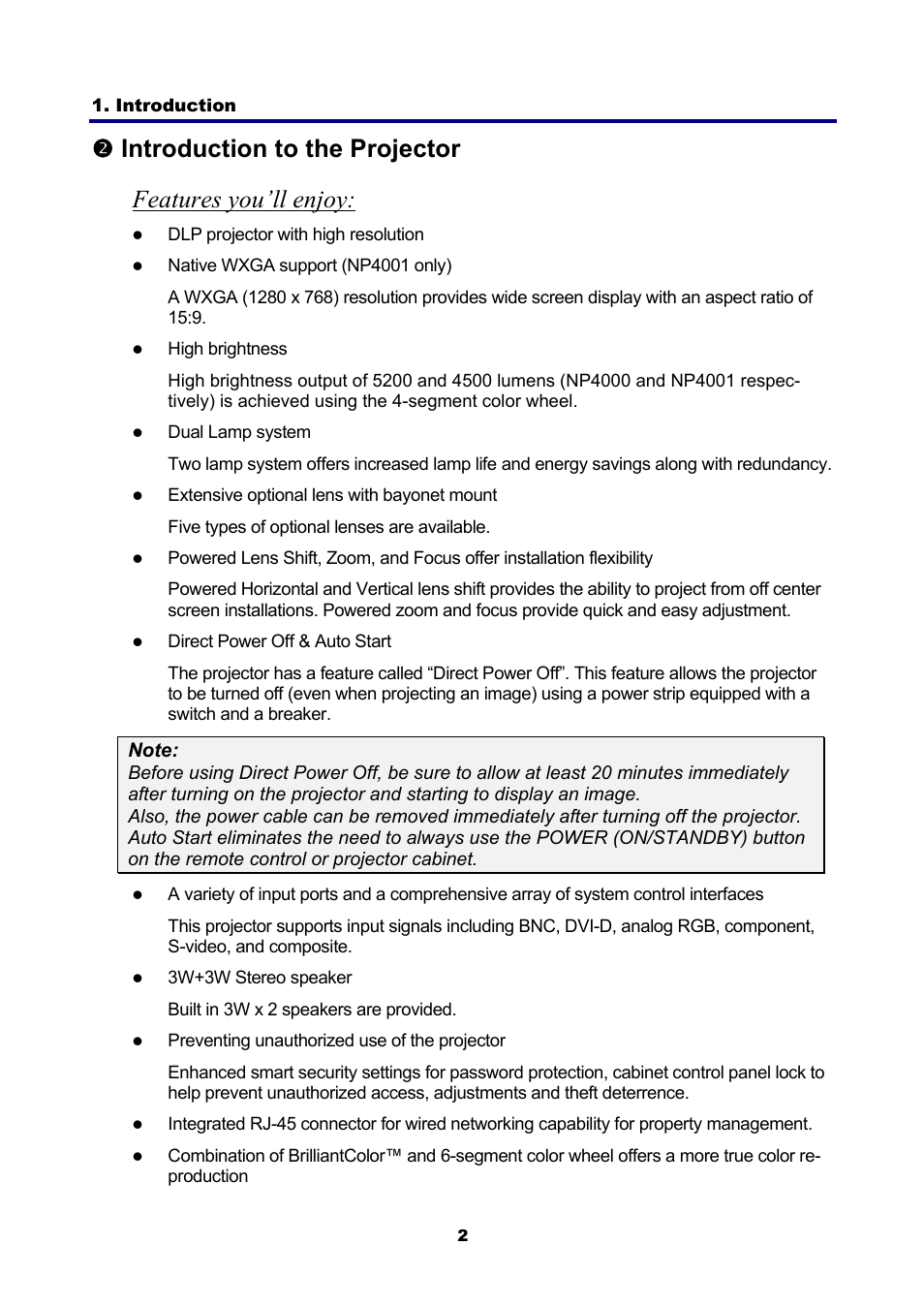 2) introduction to the projector, Features you’ll enjoy, Ntroduction to the | Rojector | NEC NP4001 User Manual | Page 14 / 151