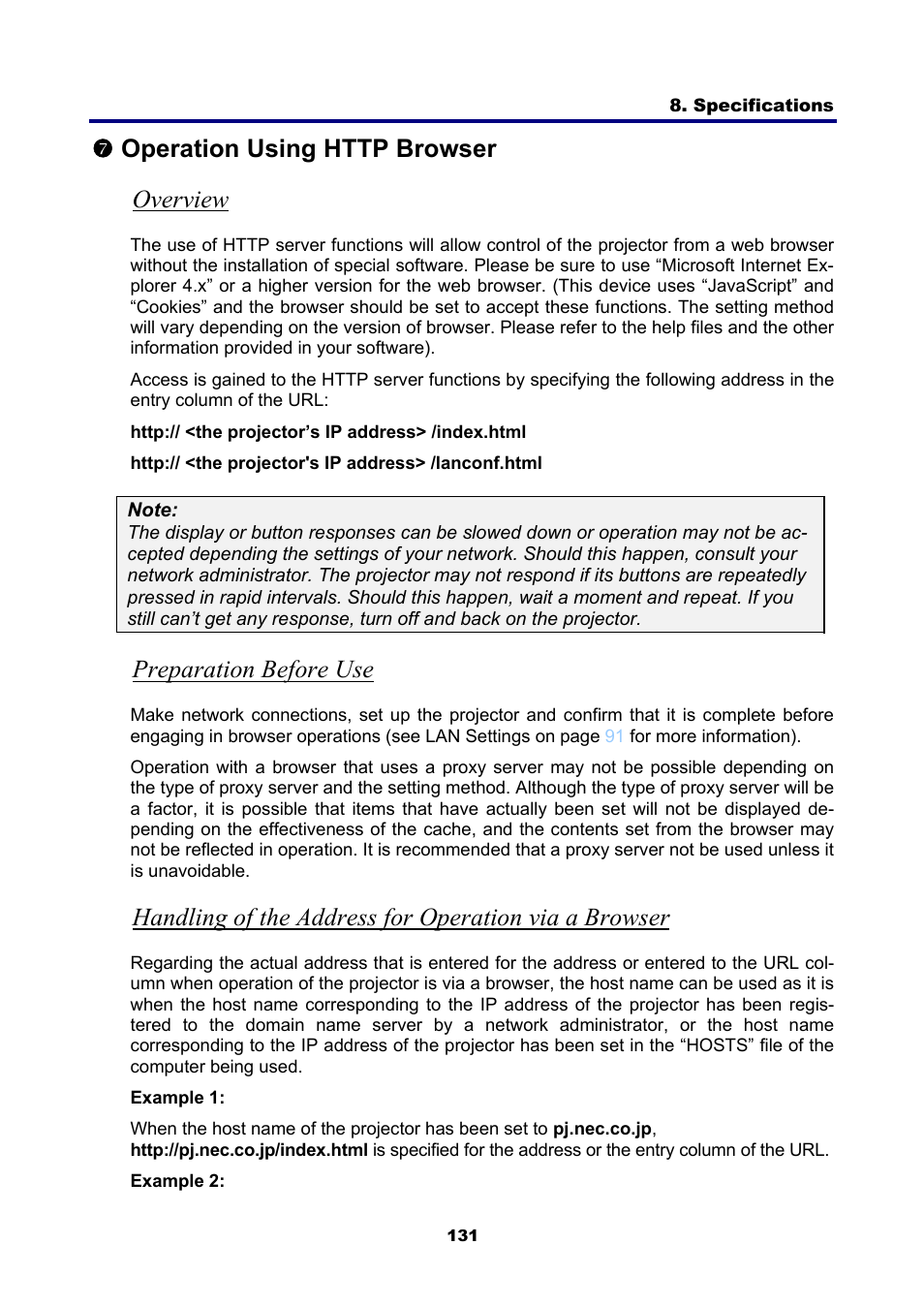 7) operation using http browser, Overview, Preparation before use | Peration, Sing, Http, Rowser | NEC NP4001 User Manual | Page 143 / 151