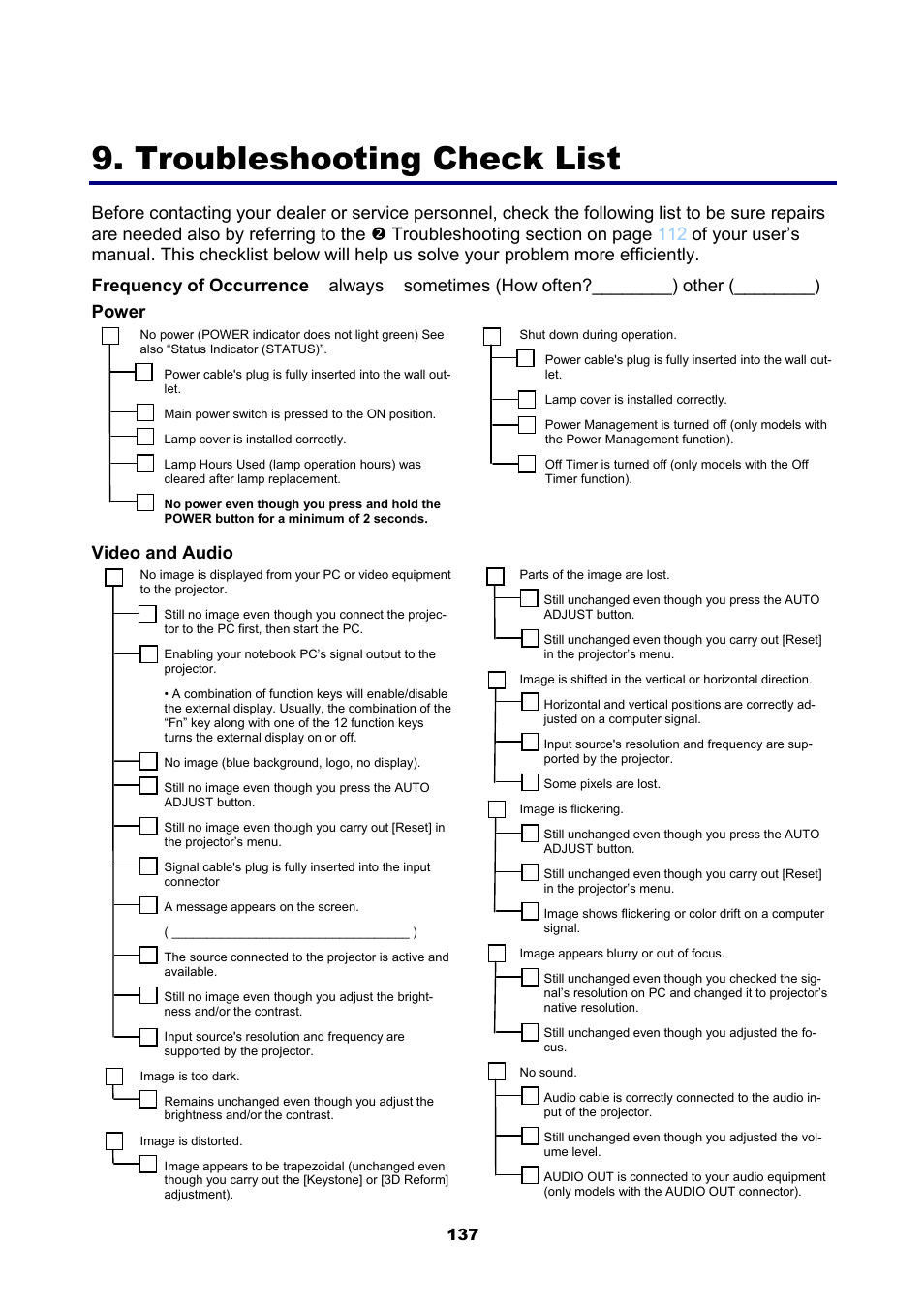 Troubleshooting check list, Video and audio | NEC NP4001 User Manual | Page 149 / 151